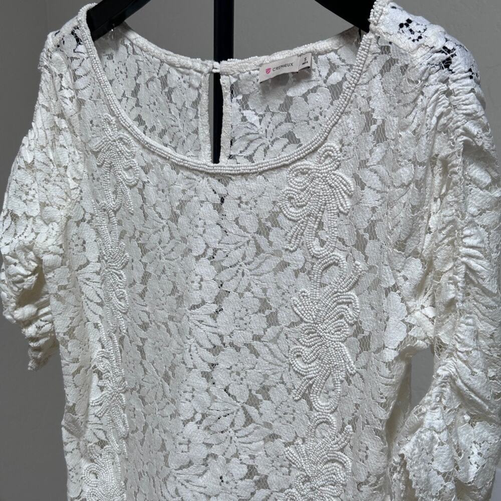 Ivory Sheer Lace Beaded Top French Girl Romantic Floral Blouse Boho Chic S